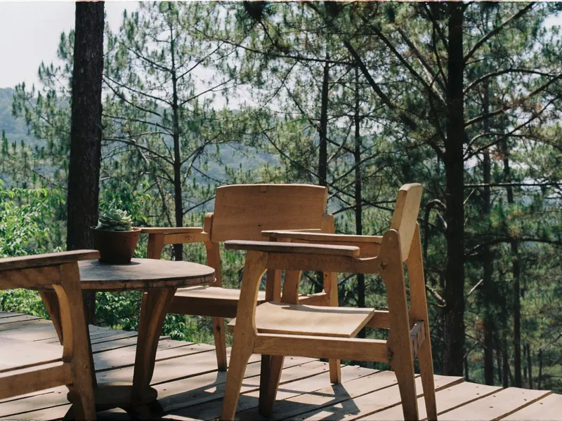 Wooden deck with chairs overlooking evergreen trees